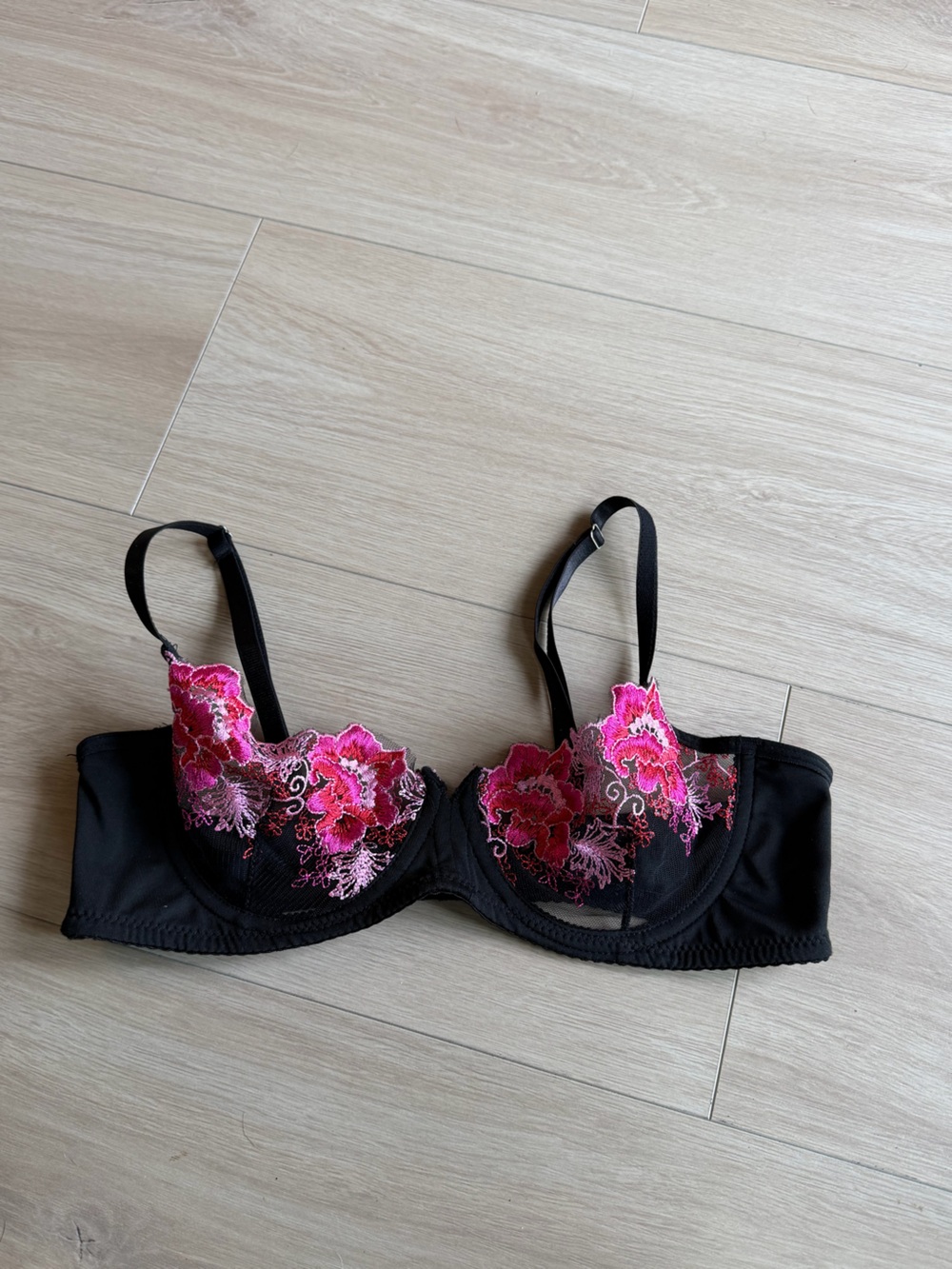 Black Bra with Pink Floral Embroidery - Women Intimates